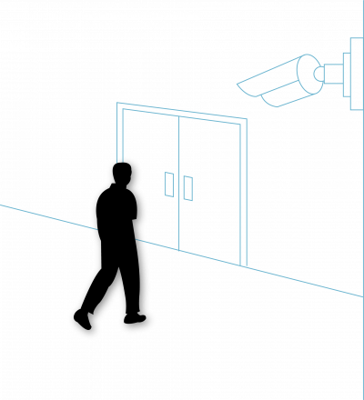 Cameras Silhouette of a senior approaching a door with a camera for access control and wander management