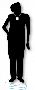 TelehealthScale Silhouette of senior with wireless nurse call wearable standing on a scale for telehealth and remote patient monitoring