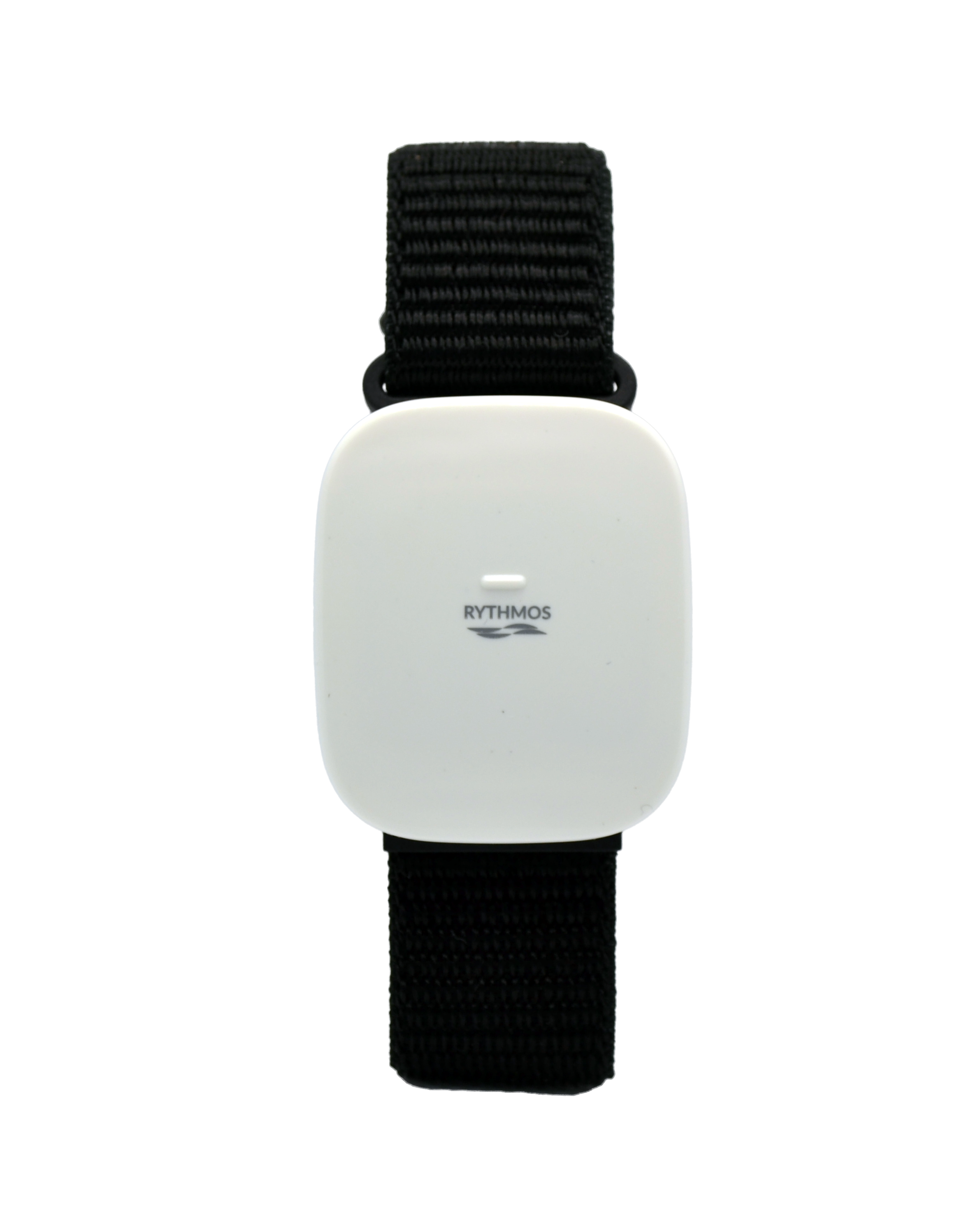 Rythmos nurse call Community wearable with a black wrist band.